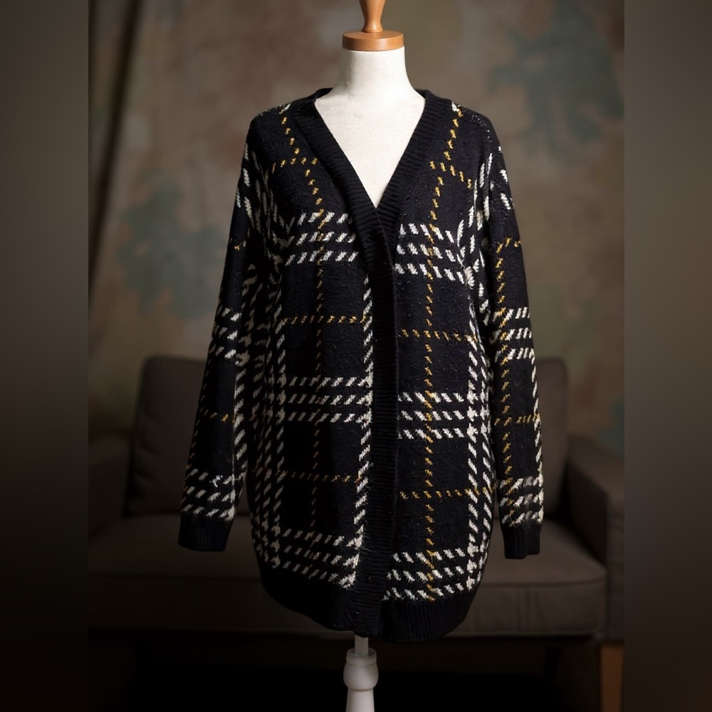 New York & Company Black and White Plaid Cardigan with Yellow Accents